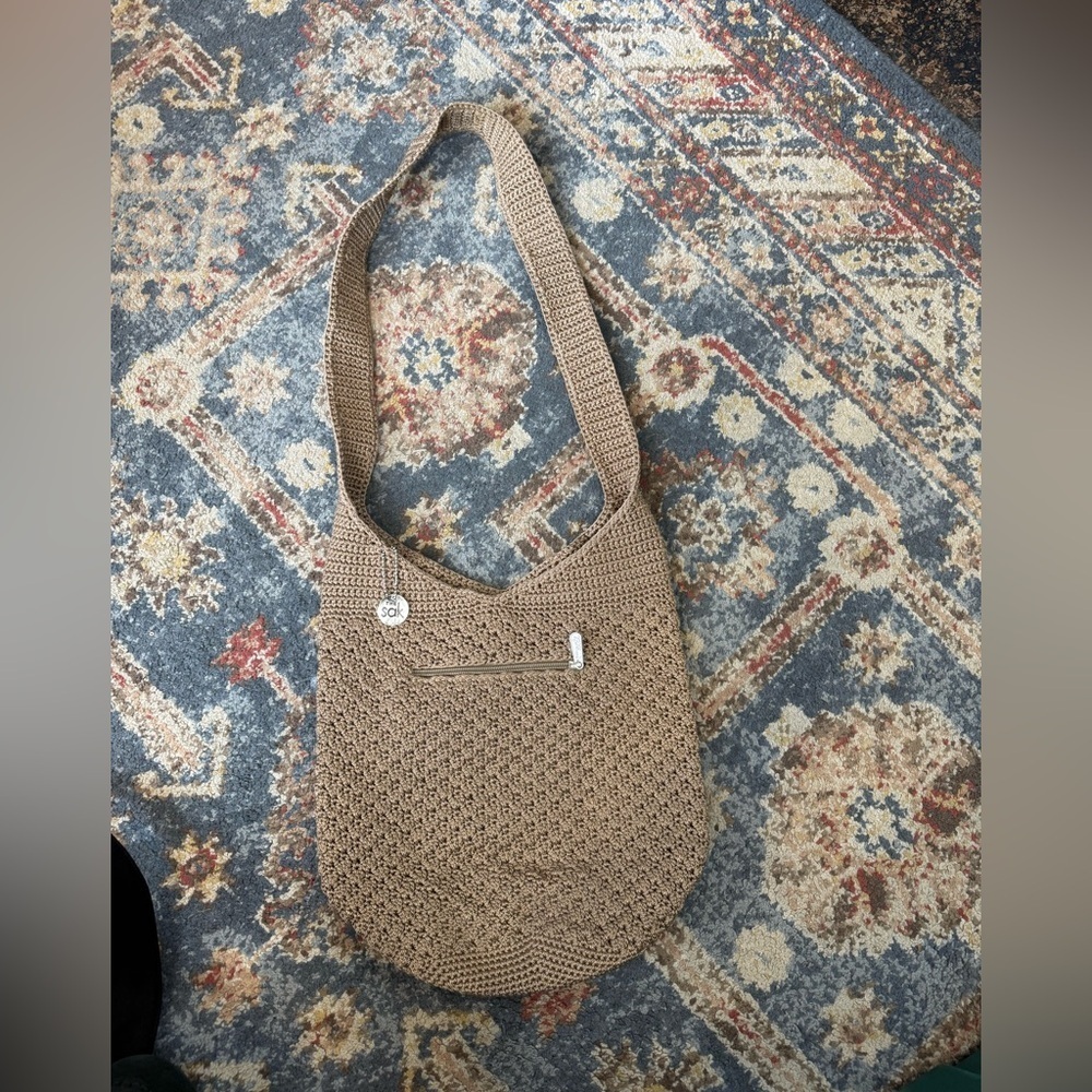 The Sak Taupe Heavy Crochet Knit Hobo Shoulder Bag Boho Round Base